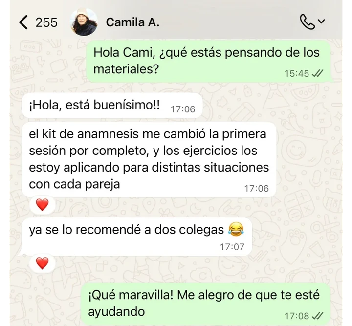 Testimonio de Camila A. sobre los materiales clínicos.